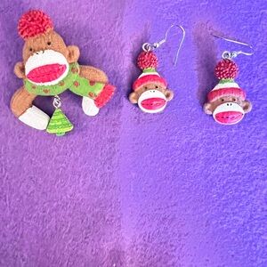 Vintage Sock Monkey Christmas Brooch and Earrings Set. Never worn.